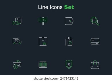 Set line Paper shopping bag, Shield with dollar, Barcode, Stacks paper money cash, Credit card, Carton cardboard box and Delivery cargo truck icon. Vector