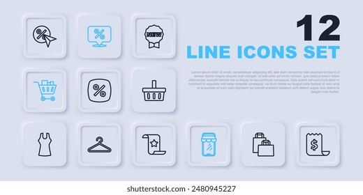 Set line Bolso de compras de papel, cheque y cheque financiero, descuento por ciento etiqueta, en línea en el teléfono, comida de Carrito de compras, colgador, armario e ícono. Vector