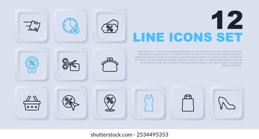 Set line Paper shopping bag, Woman shoe, Scissors cuts discount coupon, dress, Discount percent tag, Clock and and Location with icon. Vector