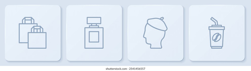 Set line Paper shopping bag, French man, Perfume and Coffee cup to go. White square button. Vector