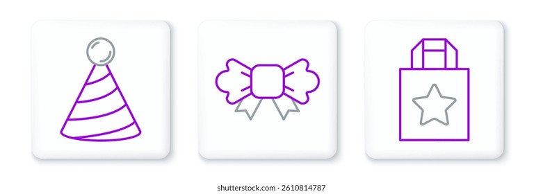 Set line Paper shopping bag, Party hat and Bow tie icon. Vector