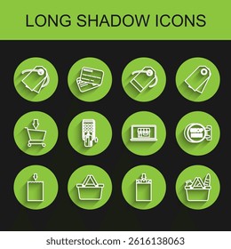 Set line Paper shopping bag, Blank label template price tag, and food, Pos terminal with inserted credit card, Signboard hanging inscription here and building screen laptop icon. Vector