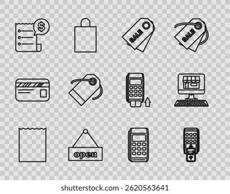 Set line Paper shopping bag, Price tag inscription Sale, Hanging sign text Open door, check financial check, Blank label template price, Pos and Shopping building screen computer icon. Vector