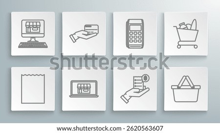 Set line Paper shopping bag, Human hand holding with credit card, Shopping building on screen laptop, blank receipt or bill for payment, basket, Pos terminal, cart food and computer icon. Vector