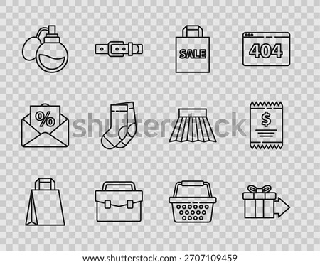 Set line Paper shopping bag, Gift box, Shoping with Sale, Briefcase, Perfume, Socks, Shopping basket and check and financial check icon. Vector