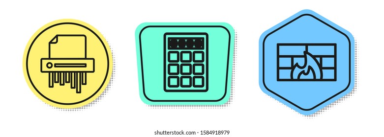 Set line Paper shredder confidential, Password protection and safety access  and Firewall, security wall . Colored shapes. Vector