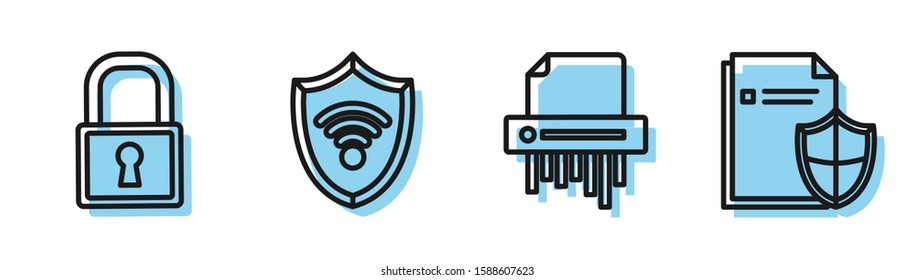 Set line Paper shredder confidential, Lock , Shield with WiFi wireless internet network and Document protection concept  icon. Vector