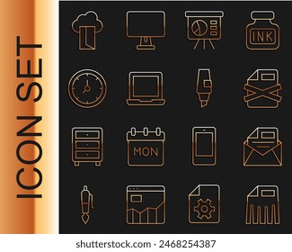 Set line Paper shredder, Mail and e-mail, Delete file document, Board with graph, Laptop, Clock, Cloud database and Marker pen icon. Vector