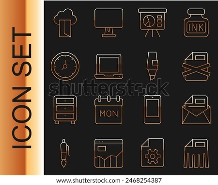 Set line Paper shredder, Mail and e-mail, Delete file document, Board with graph, Laptop, Clock, Cloud database and Marker pen icon. Vector