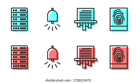 Ajuste el shredder de papel de línea, el servidor, los datos, el host web, el timbre de alarma y el icono de huella digital. Vector