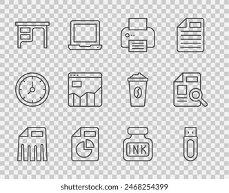 Set line Paper shredder, USB flash drive, Printer, Document with graph chart, Office desk, Graph infographic, Inkwell and  icon. Vector