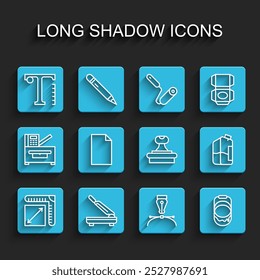 Set line Paper size, cutter, Text, Fountain pen nib, Paint bucket, Empty document, Printer ink bottle and Stamp icon. Vector