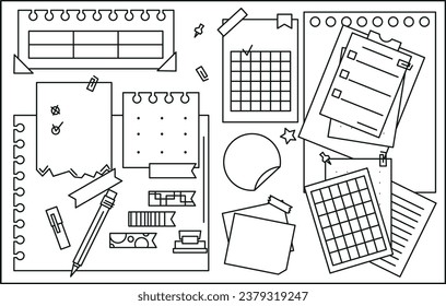 Set of line paper, sticky note, reminder, to-do list, sticky tape and pins. Bullet journal elements in doodle style. Vector illustration on white background