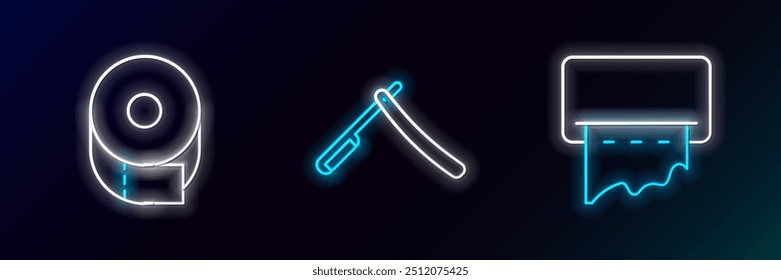 Set line Paper towel dispenser on wall, Toilet paper roll and Straight razor icon. Glowing neon. Vector