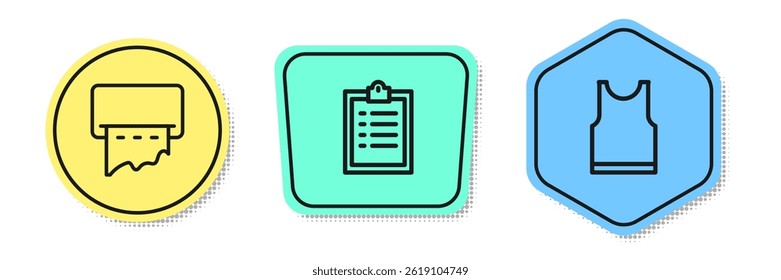 Set line Paper towel dispenser on wall, Clipboard with checklist and Sleeveless T-shirt. Colored shapes. Vector