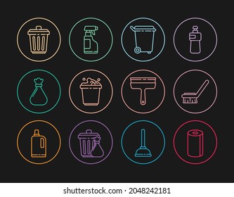 Set line Paper towel roll, Brush for cleaning, Trash can, Bucket with soap suds, Garbage bag, Rubber cleaner windows and Spray bottle detergent liquid icon. Vector