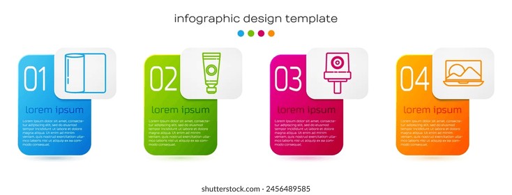 Set line Rollo de toalla de papel, tubo con paleta de pintura, tapa de boquilla de lata de pulverización y portátil. Plantilla de infografía de negocios. Vector