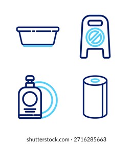 Rollo de toalla de papel, botella y placa de líquido para lavar platos, progreso de limpieza de pisos húmedos e icono de lavabo de plástico. Vector