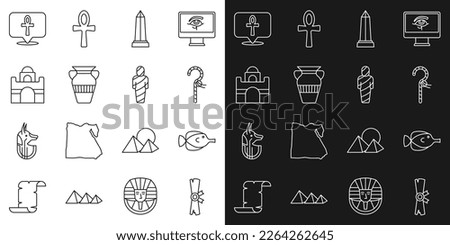 Set line Papyrus scroll, Butterfly fish, Crook, Obelisk of Alexandria, Egyptian vase, house, Cross ankh and mummy icon. Vector