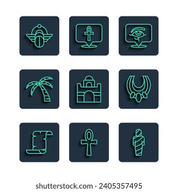 Set line Papyrus scroll, Cross ankh, Egypt mummy, Eye of Horus, Egyptian house, Tropical palm tree, Scarab and necklace icon. Vector