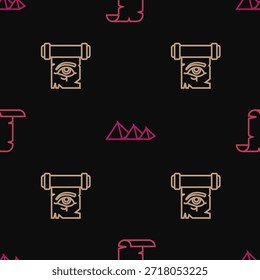 Set line Papyrus scroll, Ojo de Horus en papiro y pirámides de Egipto en patrón transparente. Vector