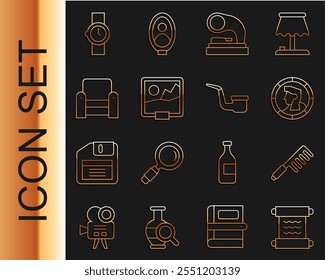 Set line Papyrus scroll, cepillo de pelo, moneda antigua, viejo gramófono, imagen, sillón, reloj de pulsera y el icono de pipa de fumar. Vector