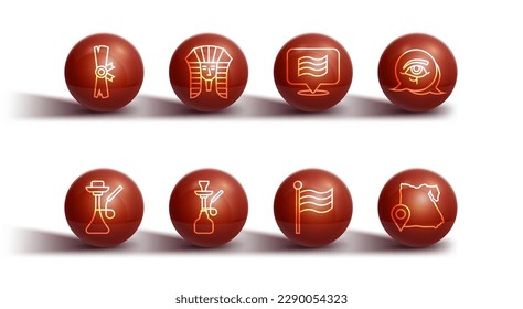 Set line Papyrus scroll, Hookah, Eye of Horus, Flag Of Egypt, Egyptian pharaoh, Map and  icon. Vector