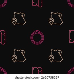 Set line Papyrus scroll, Map of Egypt and Magic symbol Ouroboros on seamless pattern. Vector