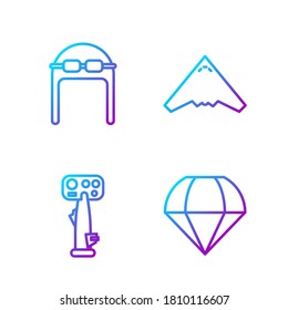 Set line Parachute, Aircraft steering helm, Aviator hat with goggles and Jet fighter. Gradient color icons. Vector