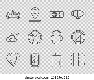 Set line Parachute, Airport runway, Airline ticket, Airplane window, luggage towing truck, Radar with targets on monitor, Metal detector airport and No cell phone icon. Vector