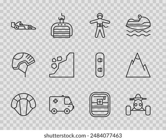 Set line Parachute, ATV motorcycle, Bungee jumping, Ambulance and emergency car, Formula 1 racing, Landslide, First aid kit and Mountains icon. Vector