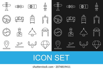 Fijar línea Paracaídas, sombrero de aviador con gafas, detector de metales en el aeropuerto, billete de avión, camión cisterna de combustible, brújula, icono de avión y maleta. Vector