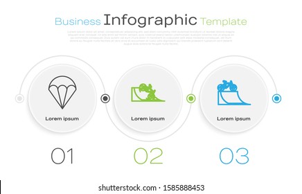 Set line Parachute, Bicycle on street ramp and Bicycle on street ramp. Business infographic template. Vector
