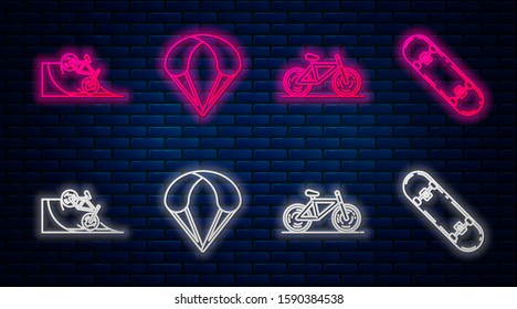 Set line Parachute, Bicycle, Bicycle on street ramp and Skateboard trick. Glowing neon icon on brick wall. Vector