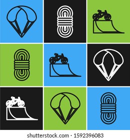 Set line Parachute, Bicycle on street ramp and Climber rope icon. Vector