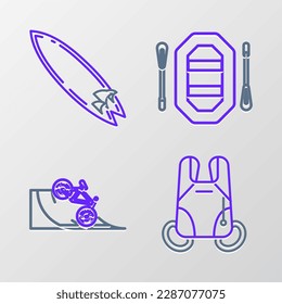 Set line Parachute, Bicycle on street ramp, Rafting boat and Surfboard icon. Vector