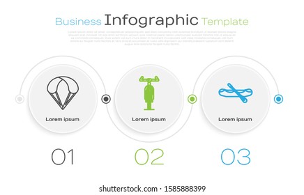 Set line Parachute, Bicycle and Rafting boat. Business infographic template. Vector