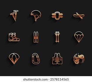 Set line Parachute, Carabiner, Pegs for tents, Life jacket, Bicycle trick, Ski and sticks,  and poles icon. Vector