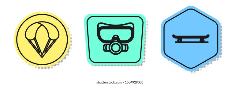 Set line Parachute, Diving mask and Skateboard. Colored shapes. Vector