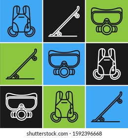 Set line Parachute, Diving mask and Skateboard icon. Vector