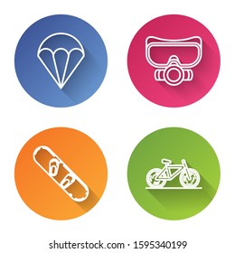 Set line Parachute, Diving mask, Snowboard and Bicycle. Color circle button. Vector