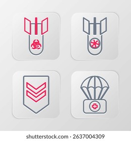 Set line Parachute with first aid kit, Chevron, Nuclear bomb and Biohazard icon. Vector