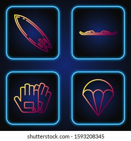 Set line Parachute, Gloves, Surfboard and Snowboard. Gradient color icons. Vector