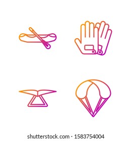 Set line Parachute, Hang glider, Rafting boat and Gloves. Gradient color icons. Vector