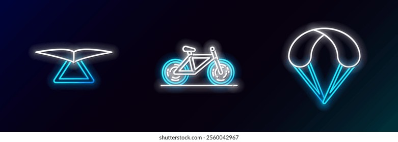 Set line Parachute, Hang glider and Bicycle icon. Glowing neon. Vector