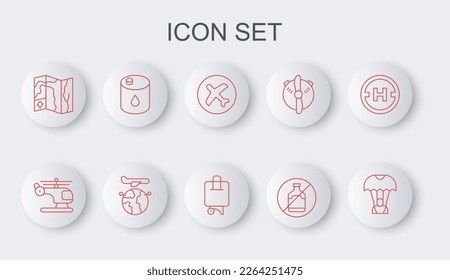 Set line Parachute, Helicopter, Plane, No alcohol, World travel map, Barrel oil, Globe with flying plane and Suitcase icon. Vector