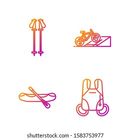 Set line Parachute, Rafting boat, Ski poles and Bicycle on street ramp. Gradient color icons. Vector