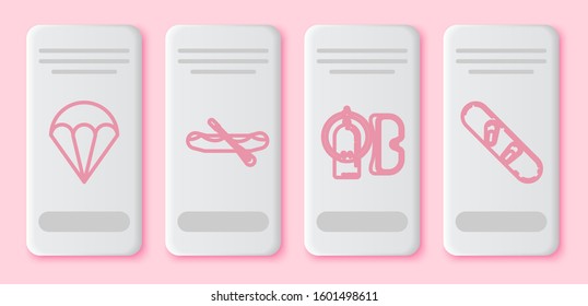 Set line Parachute, Rafting boat, Diving mask and aqualung and Snowboard. White rectangle button. Vector