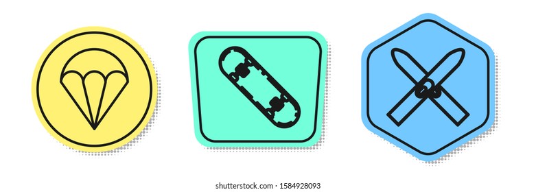 Set line Parachute, Skateboard trick and Ski and sticks. Colored shapes. Vector