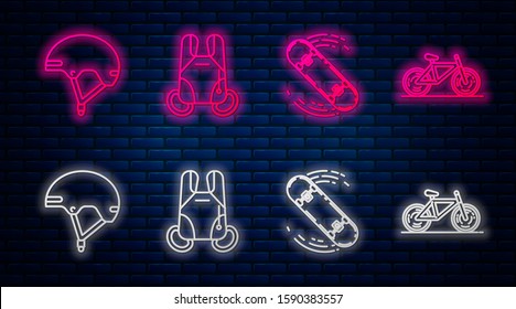 Set line Parachute, Skateboard trick, Helmet and Bicycle. Glowing neon icon on brick wall. Vector